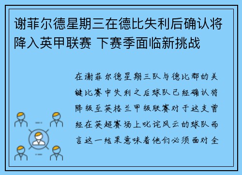 谢菲尔德星期三在德比失利后确认将降入英甲联赛 下赛季面临新挑战